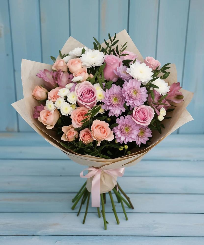 Букет цветов из: Хризантемы, Розы и Альстромерии в Трудовом