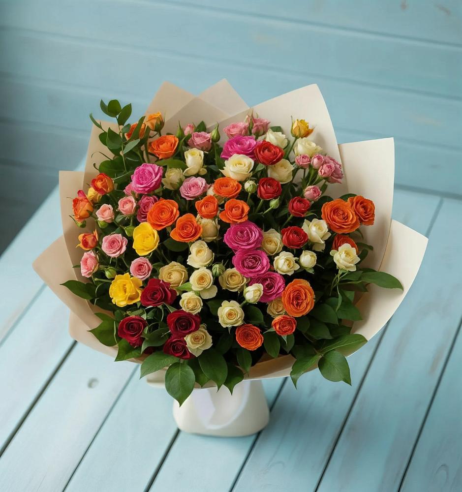 Букет Микс из разноцветных кустовых роз в Трудовом