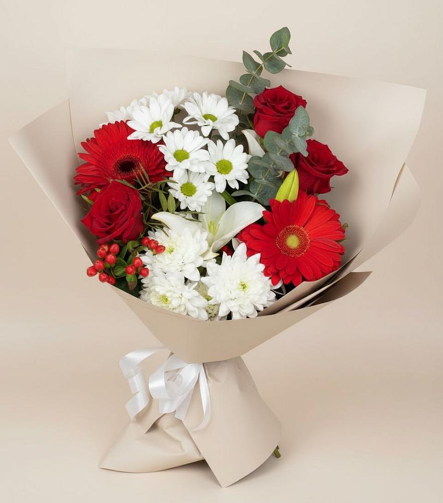 Букет цветов из: Розы, Хризантемы, Герберы и Лилии в Трудовом