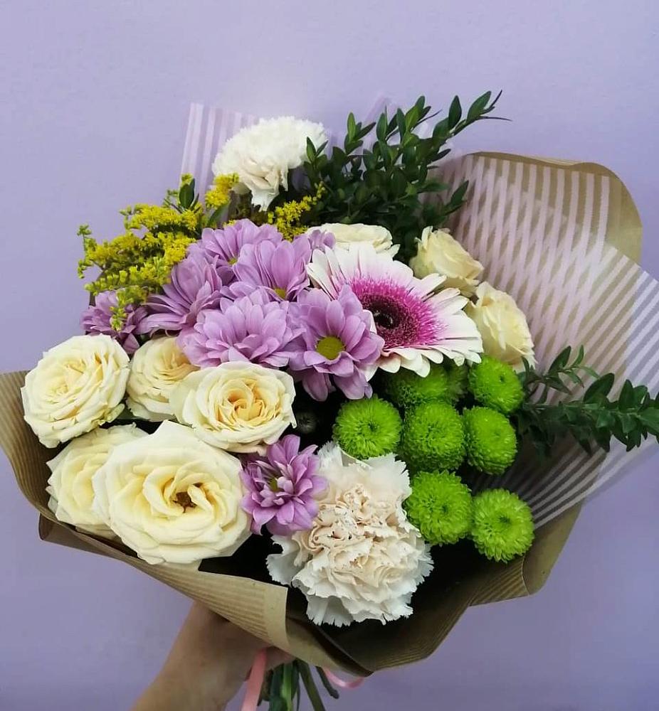 Букет цветов из: Хризантемы, Розы, Гвоздики и Герберы в Трудовом