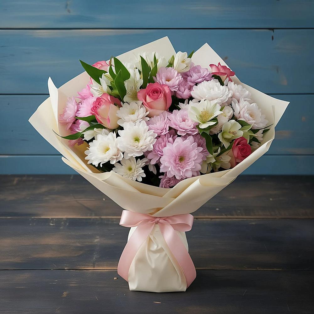 Букет цветов из: Хризантемы, Альстромерии и Розы в Трудовом